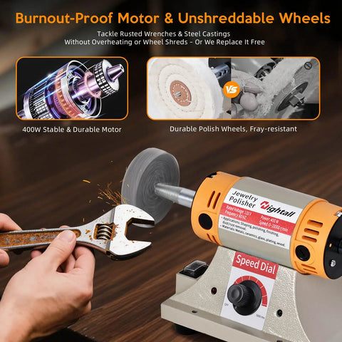 All In One Jewelry Polishing Kit For Bench Grinder with 400W motor polishing rusty wrench, durable wheels, and stable motor.