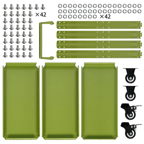Parts of a 3 Tier Rolling Tool Cart With Lockable Silent Wheels And 330 Lbs Capacity, Heavy Duty Metal Service Cart in green
