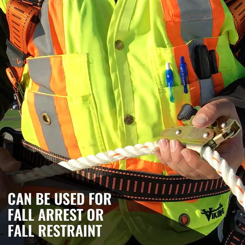 Person holding 25 ft Vertical Lifeline Assembly for Fall Protection Lanyard and Fall Arrest System with Shock Absorber in safety vest.