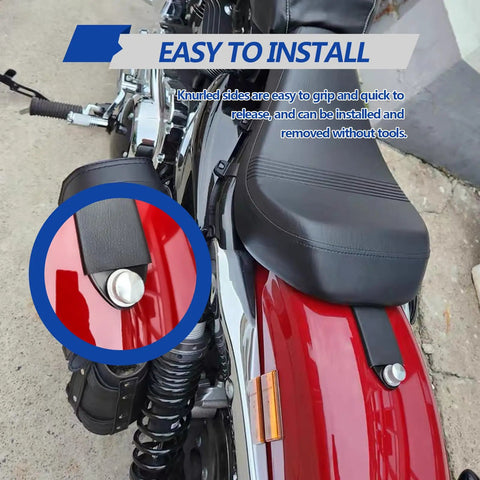Stainless Motorcycle Seat Bolt Kit With 1/4-20 Threads, shown installed on red bike fender, easy to install feature highlighted