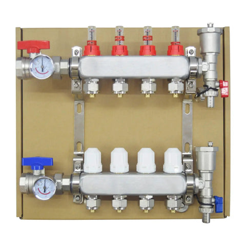 Radiant Floor Heating Manifold Kit With Four Loops Half Inch PEX Tubing Stainless Steel Demagnetized 304 Body Hydronic System
