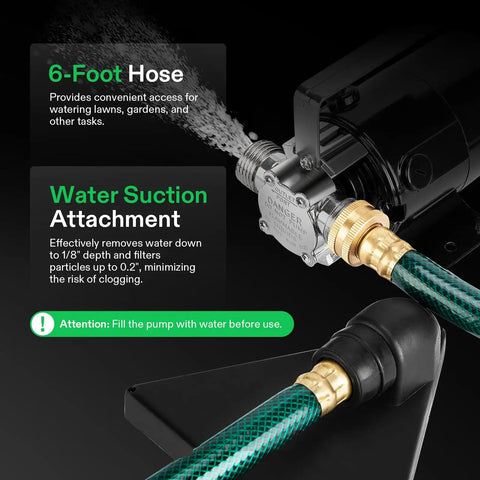 115V Water Transfer Pump One Tenth HP 330 GPH Portable Utility Pump With Hose Kit highlighting water suction attachment and 6-foot hose