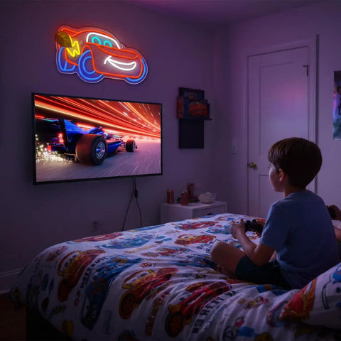 Racing Car Neon Sign Wall Decor With Dynamic LED Glow for boys' bedrooms; vibrant anime-themed neon light above TV