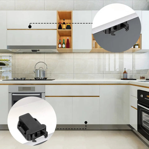 Four Pack Slick Push To Open Cabinet Latches Smooth Tap No Fuss Touch Catch Lock Self Securing Heavy Duty Drawer Hardware For Kitchen Cupboards And Wardrobes in modern kitchen setting.