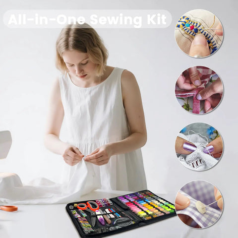 Woman using All-In-One Sewing Kit For Adults And Beginners, 295-Piece Pro-Grade Portable Mending Set With Ergonomic Scissors