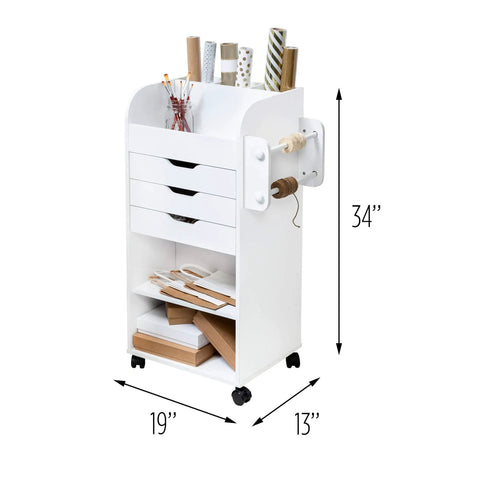 Game Changing Rolling Craft Storage Cart With Three Roomy Drawers And Broad Open Shelves For Bulk Wrapping Paper Ribbon Spools And DIY Gear Featuring Easy Glide Locking Wheels To Keep Your Studio Hustle Neat, 19x13x34 inch, white.