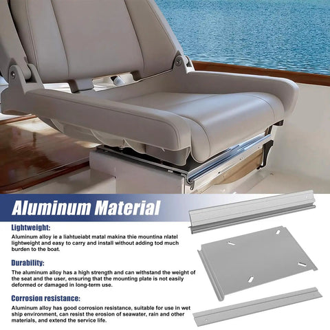 Tilt-N-Slide Boat Seat Pedestal Base With 15-Inch Rails showing aluminum construction and mounted seat.