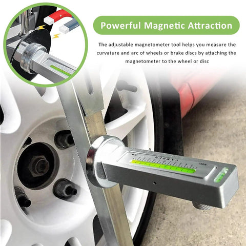 Heavy Duty Magnetic Camber Gauge Tool With Built In Green Bubble Level For Straightening Wheel Angles on a wheel.