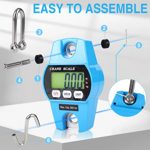 Heavy Duty Digital Crane Scale 660 Lb Handheld Hanging Weight Scale With Crisp Backlit Lcd Display showing assembly components.