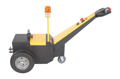 Heavy Duty Electric Powered Tugger With 5k Capacity Is Total Gas For Moving Heavy Trailers And Carts At Airports. Side view with yellow and black design.