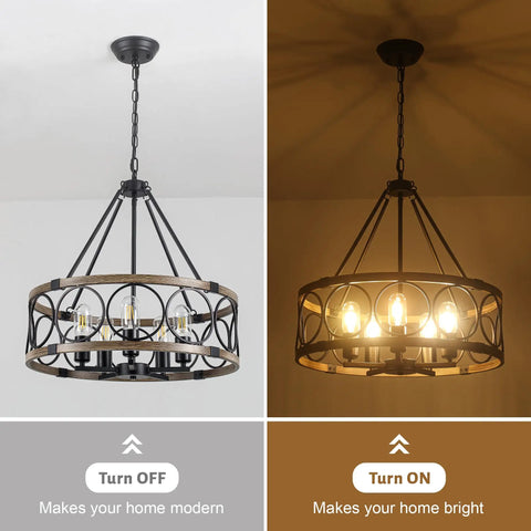 Black Six Light Chandelier For Modern Farmhouse Style Rustic Industrial Dining Room Light Fixture With Adjustable Height Perfect For Kitchen Living Room Bedroom And Foyer To Level Up Your Home turned on and off
