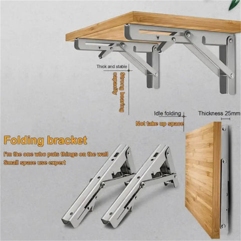 Heavy Duty Stainless Steel Folding Shelf Brackets Set - Collapsible Wall Mount L-Table Hinges for Benches, Desks, DIY Shelves