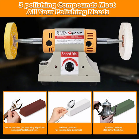 All In One Jewelry Polishing Kit for Bench Grinder with six cloth wheels, two fiber wheels, safety glass, and three polish compounds
