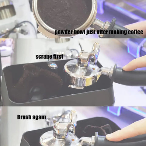 Electric Automatic Coffee Grounds Cleaner For Espresso Portafilter Handles With Built In Brush and Powder Wiper Tool No Sweat Cleanup and Smooth Operator Design For Real Home Baristas Silver showing coffee grounds cleanup process.