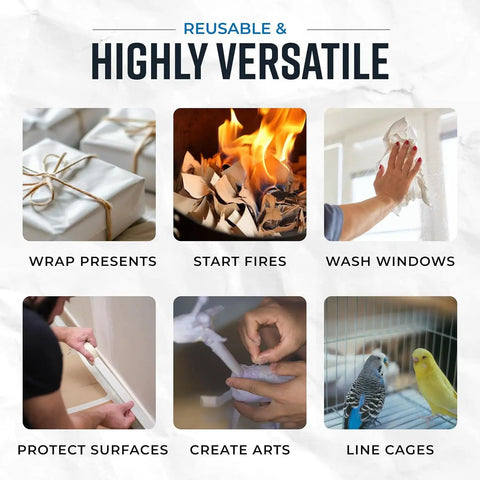 Image showing six uses for Newsprint Packing Paper Sheets For Moving 160 Sheets 27 By 17 Inches 5 Pound Pack Move Like A Pro Protect Dishes And Glassware Made In USA Great For Dish Packing And Glassware Safety: wrapping presents, starting fires, washing windows, protecting surfaces, creating arts, and lining cages.