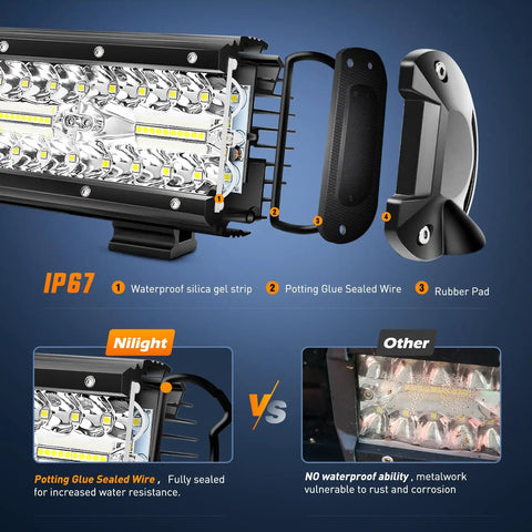 12 Inch 300W Triple Row LED Light Bar Flood And Spot Combo with waterproof and durable build, IP67 rated components visible.