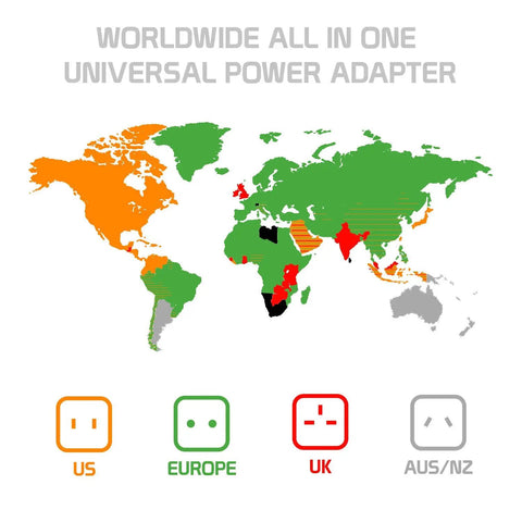 Portable Worldwide Universal Power Adapter All In One Travel Charger For USA EU UK FR IT AU IN Outlets map of compatible regions