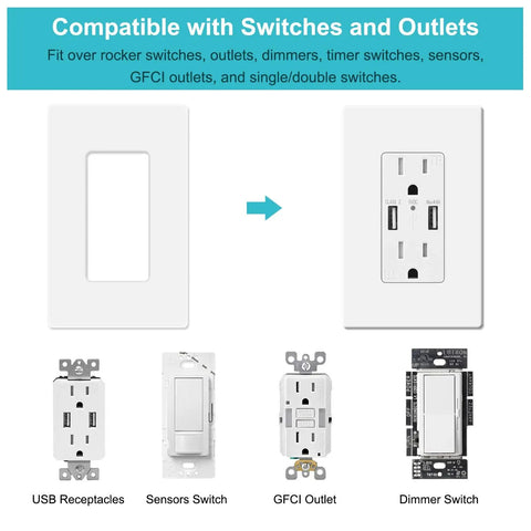 10 Pack 1-Gang Screwless Wall Plates For Light Switch Dimmer GFCI USB Outlet Decorator Style Covers Durable Polycarbonate