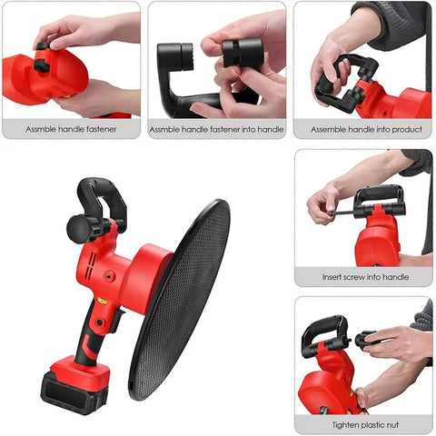 Job Site Ready Electric Drywall Sander With Six Adjustable Speeds shown assembling handle and parts for smooth operation.
