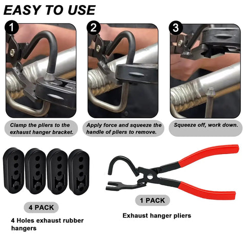 Universal Exhaust Hanger Removal Tool And 4 Holes Rubber Kit with pliers and rubber hangers in use, 5 piece kit demo