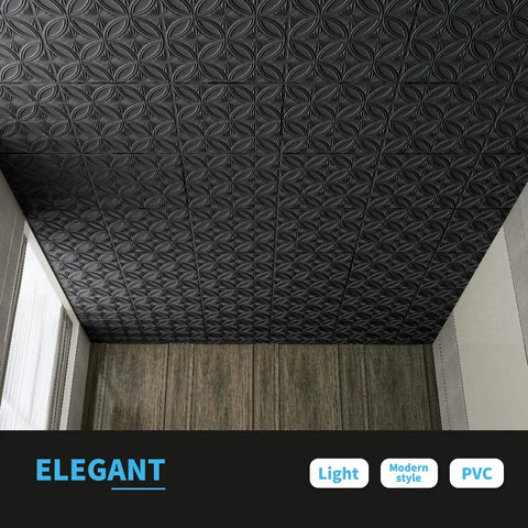 Black PVC Drop Ceiling Tile 2x2 Ft With Glue Up 3D Wall Panel Look, 24x24 In, installed on ceiling, textured surface, elegant style.