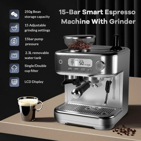 High End Semi Automatic Espresso Maker With Built-In Conical Burr Grinder, 15 Bar Pressure, Slim Profile, 77 Oz Tank, Dope Crema For Your Morning Hustle, Chill Weekend Lattes Made Simple, Sleek Silver Finish, showcasing 15-bar pressure and LCD display.
