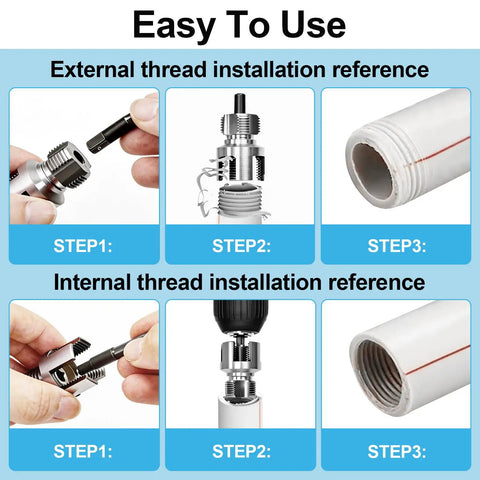 Steps for using Drill Powered Pipe Threader Kit for NPT Threads on PVC And Plastic Pipes, including threading process.