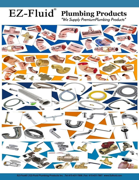 EZ-FLUID plumbing fittings collage showing copper push-fit fittings, angle-stop valves, and hoses for copper and PEX.