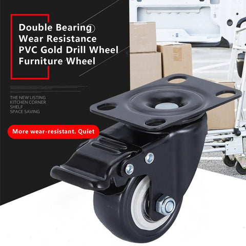 Top Notch Locking Casters Set Of Four Featuring Dead Silent Polyurethane Tires And Heavy Duty Steel Cores That Run Smooth Like Butter On Hard Floors Built Tough For Daily Grind Without Any Annoying Clatter showing a double bearing PVC furniture wheel with black mount.