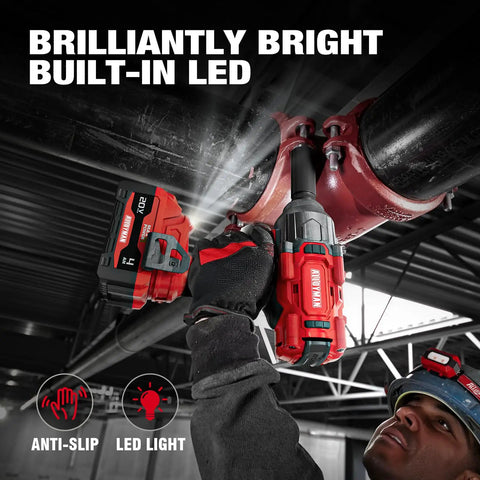 Cordless Impact Wrench Half Inch Drive Built For Tough Jobs 1475 Ft Lbs Breakaway Torque used on metal pipe with LED light