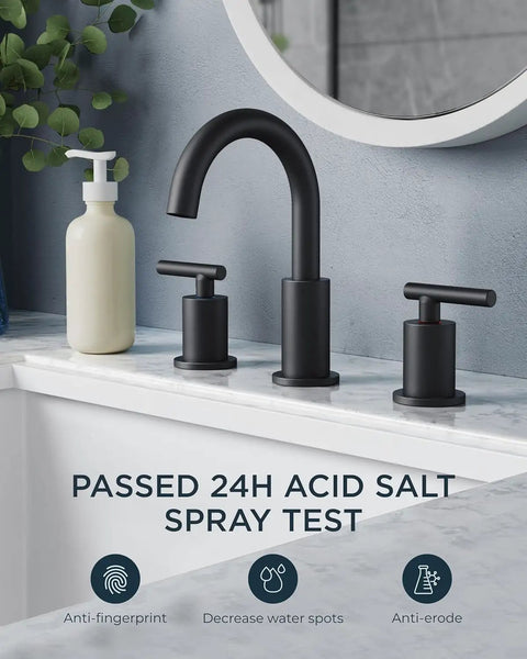 Matte Black 8 Inch Widespread Bathroom Faucet With 3 Holes 2 Handles, 360 Degree Rotating Spout in modern setup