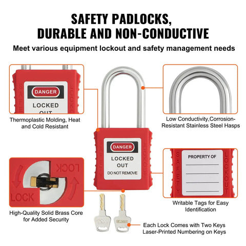 Top Shelf Electrical Lockout Tagout Kit Boss Level Safety Padlocks Hasps Tags showing durable red padlocks with keys.