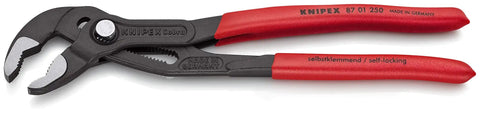 Close-up of one plier from Four Piece Pliers Set With Red And Blue Handles In Foam Tray For Garage Workbench And Tool Cart, Basic V15 Kit.