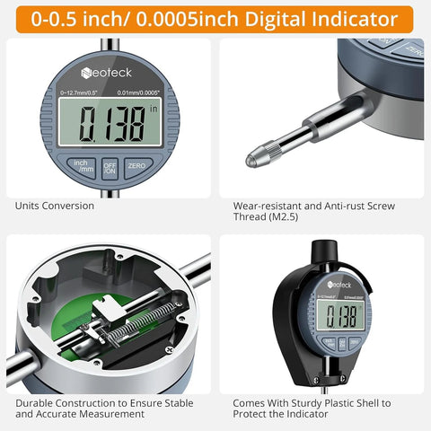 Front view of Neoteck digital dial bore gauge with blue-gray housing; digital display shows 0.136 in.