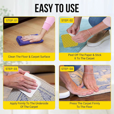 Steps showing how to apply Rug Gripper Tape Double Sided Anti Slip Carpet Tape 20 Pack 4x4 Inch Pads For Hardwood And Tile Floors