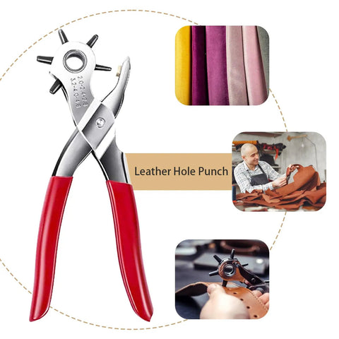 Nine Inch Heavy Duty Leather Hole Punch Tool With Six Hole Sizes 1.5mm Through 5mm Pro Grade, images of leather crafting