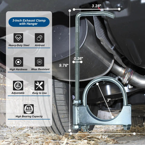 Image of a Beefy Heavy Duty Universal Exhaust Clamp With Hanger For 3 Inch Exhaust Pipes Easy Install Mount For Your Vehicle Exhaust System Built To Take Rough Road Vibes attached to a vehicle's exhaust pipe.