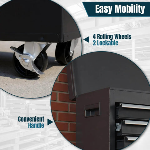 Close-up of Heavy Duty Rollaway Tool Cabinet With Five Deep Drawers Lockable Lid And Double Section Base Rig's rolling wheels and handle.