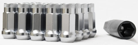 SR48 Open End Lug Nuts 12mm By 1.25 Thread Size Silver Lightweight Thin Wall Design With 60 Degree Taper Set Of 20 shown in detail