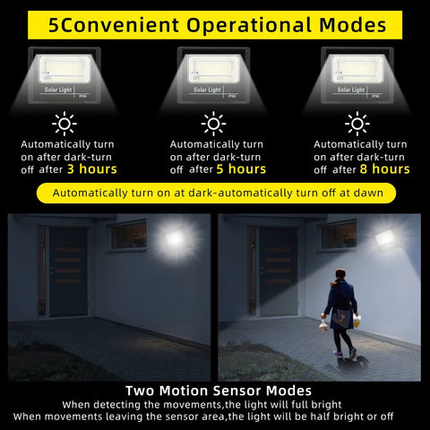 Rugged 2 Pack 300W Solar Flood Lights Outdoor With Remote Control showing automatic and motion sensor modes in use at night