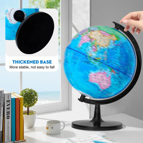 10 Inch Kids Globe For Learning, Durable Thick Base, 360 Degree Rotation, shown in room with hand rotating globe