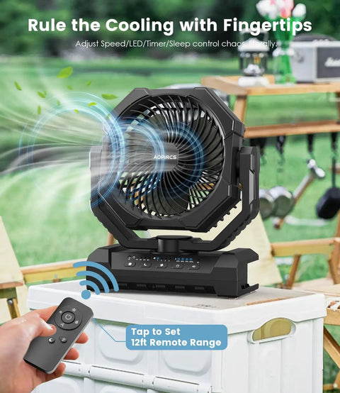 Rechargeable Camping Fan With 60 Hour Battery, 4 Speeds, 3 Light Modes, Timer And Sleep Mode, Portable Tent Fan on table