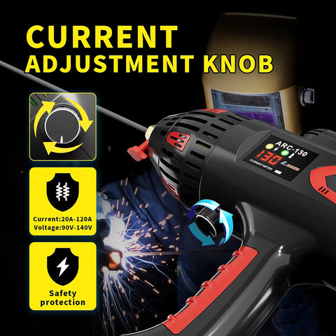 Portable Arc Welder 110V 130A Handheld Inverter with Digital Display showing current adjustment knob and safety features