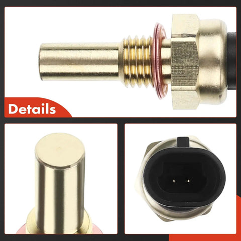 Engine Coolant Temperature Sensor for Chevrolet Buick Cadillac GMC Cars and SUVs Fits LaCrosse Lucerne Rainier Rendezvous Terraza CTS Escalade Envoy Sierra Canyon Savana and More brass sensor close-up with threaded tip and connector