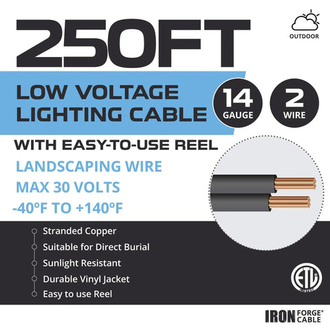 Low Voltage Landscape Wire 14 Gauge Two Conductor Black 250 Feet For Outdoor Lighting Sprinklers And Landscaping Projects