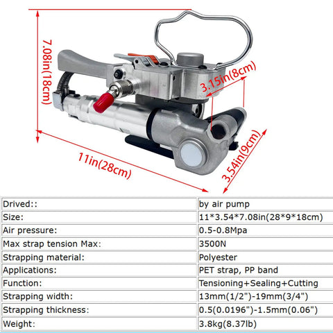 Heavy Duty Handheld Pneumatic Strapper For Pet Strap And Pp Band Portable Packing Tool, 11x3.54x7.08 inches, air-driven design.