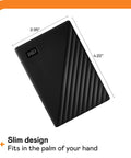 Black 5TB Portable External Hard Drive With Ransomware Defense And Password Protection, USB 3.1 and USB 3.0 shown in slim design
