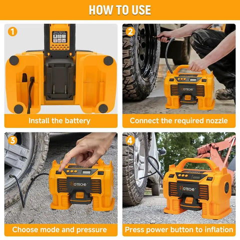 Hoteche 20V Cordless Air Compressor 160PSI Max Portable Tire Inflator setup instructions showing battery installation and usage steps.