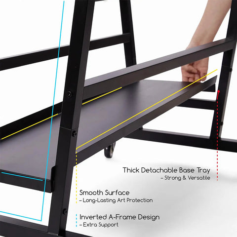 Badass Heavy Duty Metal Art Storage Rack With Zero Sagging 110 Lb Capacity showing thick detachable base tray and smooth surface.