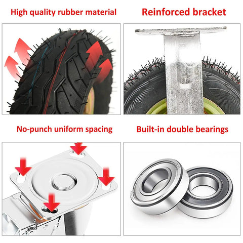 Heavy Duty Swivel Casters With Thick Rubber Pneumatic Wheels 4 Pack showing quality rubber tire, reinforced bracket, and double bearings